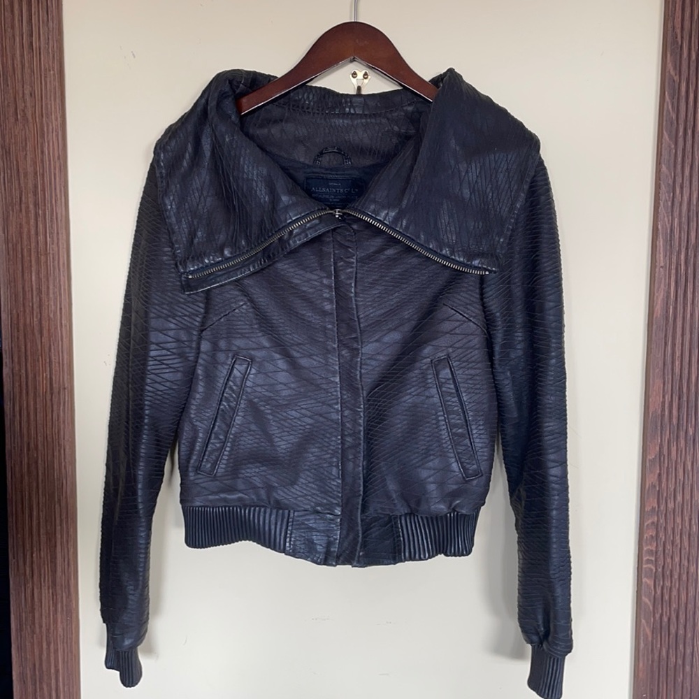 All Saints black Leather laser cut bomber